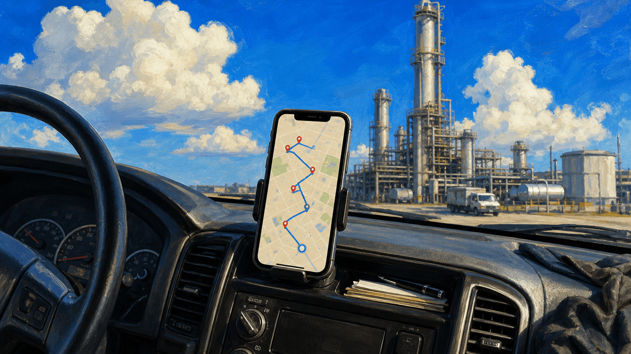 Smartphone on a truck dashboard showing an optimized multi-stop route map, an industrial plant through the windshield