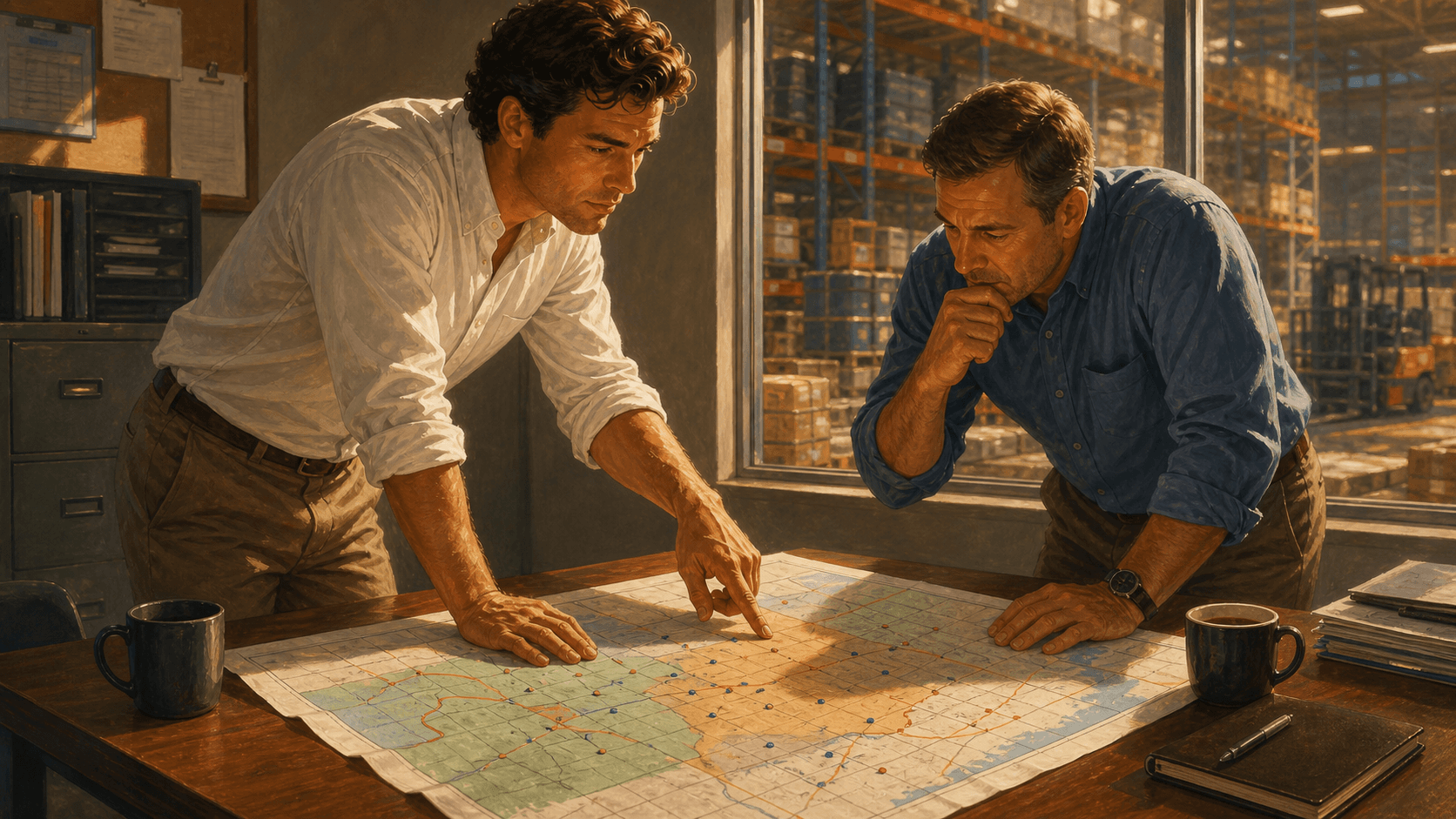 Field sales rep and sales manager reviewing a printed territory map together at a branch office table
