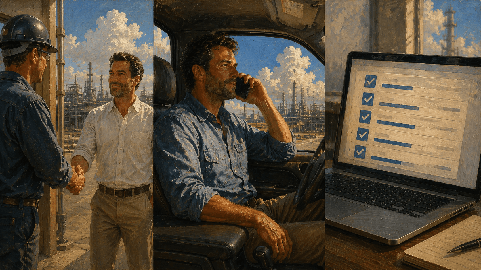 Three-panel illustration of a plant visit, a spoken phone debrief, and CRM fields completing automatically