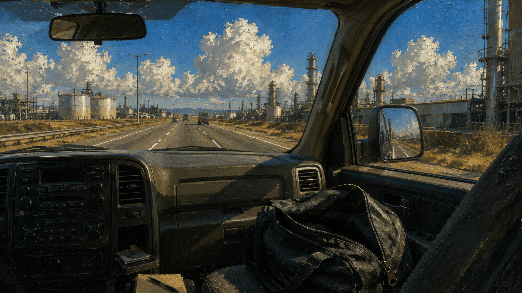 View from the cab of a work truck on the highway between industrial plants, with no desk or laptop in sight