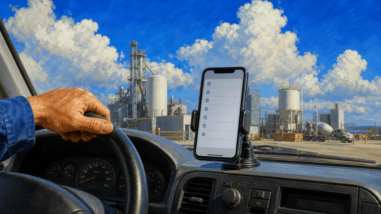 Smartphone mounted on a work-truck dashboard showing a simple visit checklist, an industrial plant visible through the windshield