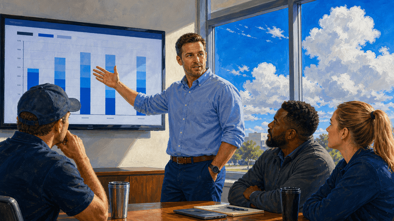 Sales manager at a Monday forecast meeting pointing to a pipeline chart with visible gaps while field reps listen