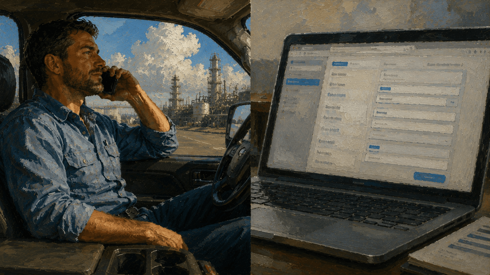 Split image of a field sales rep talking on the phone in a truck and CRM form fields filling in automatically