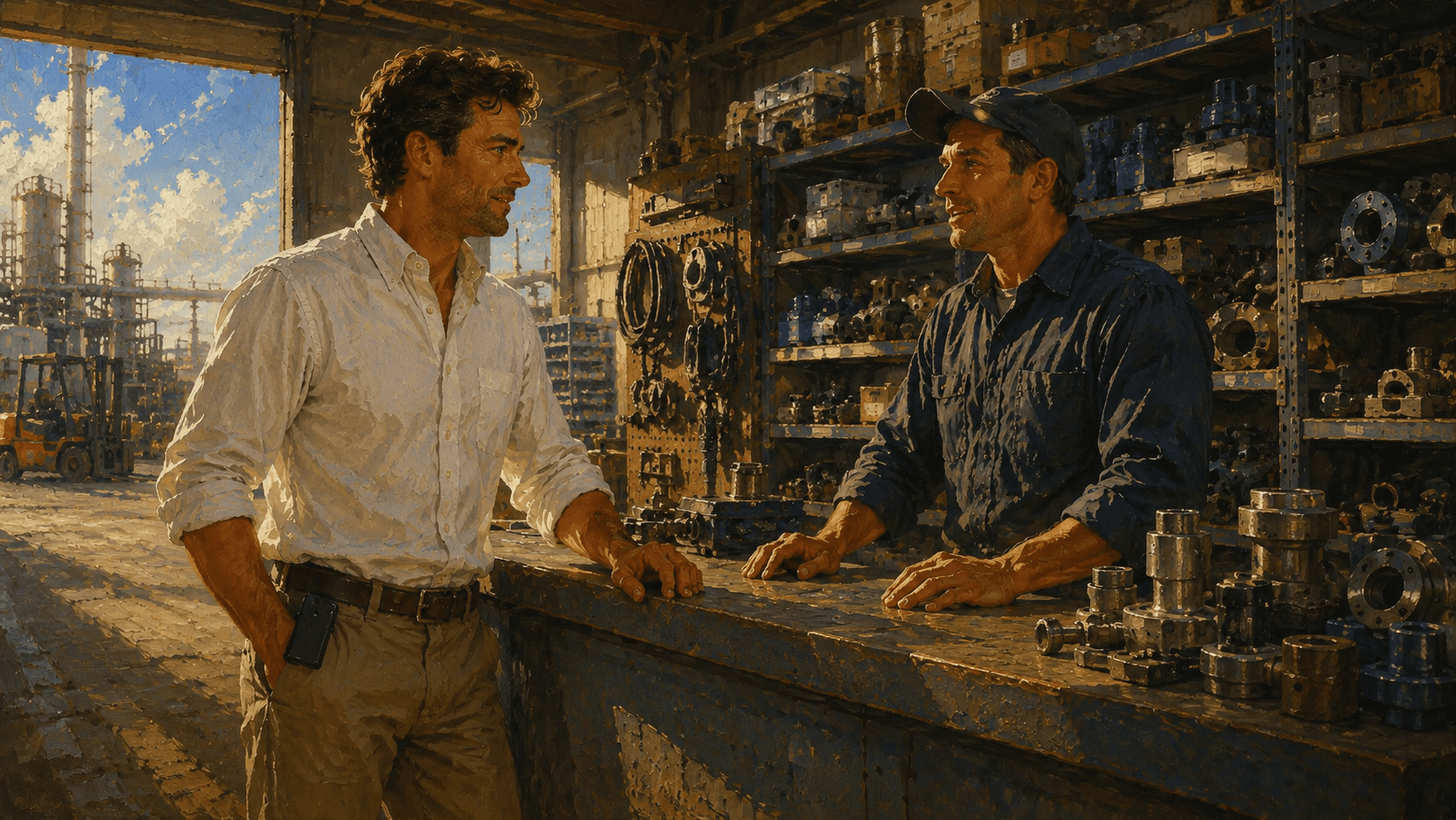 Two people talking at an industrial plant counter with phones in their pockets and no laptop or recording device