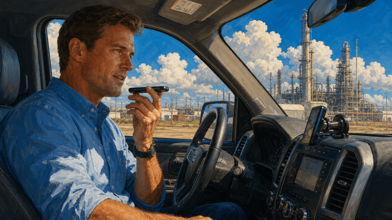 Field sales rep in a truck cab giving a short voice debrief into a mounted phone right after a visit