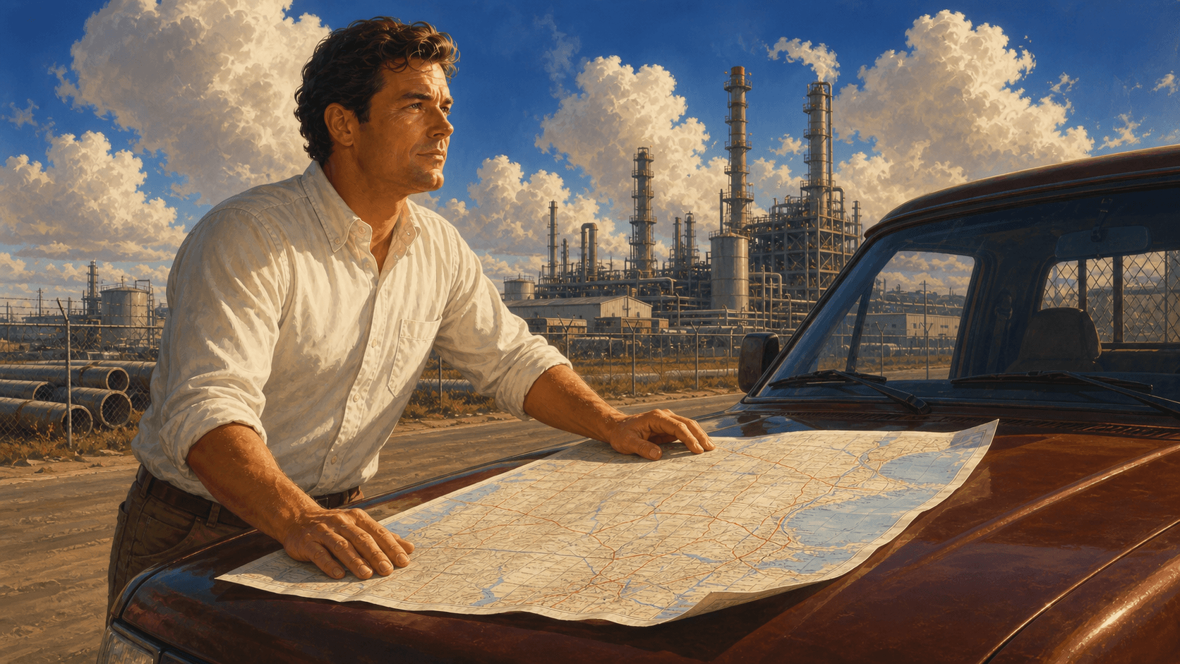 Field sales rep studying a route map spread on the hood of a work truck outside an industrial plant