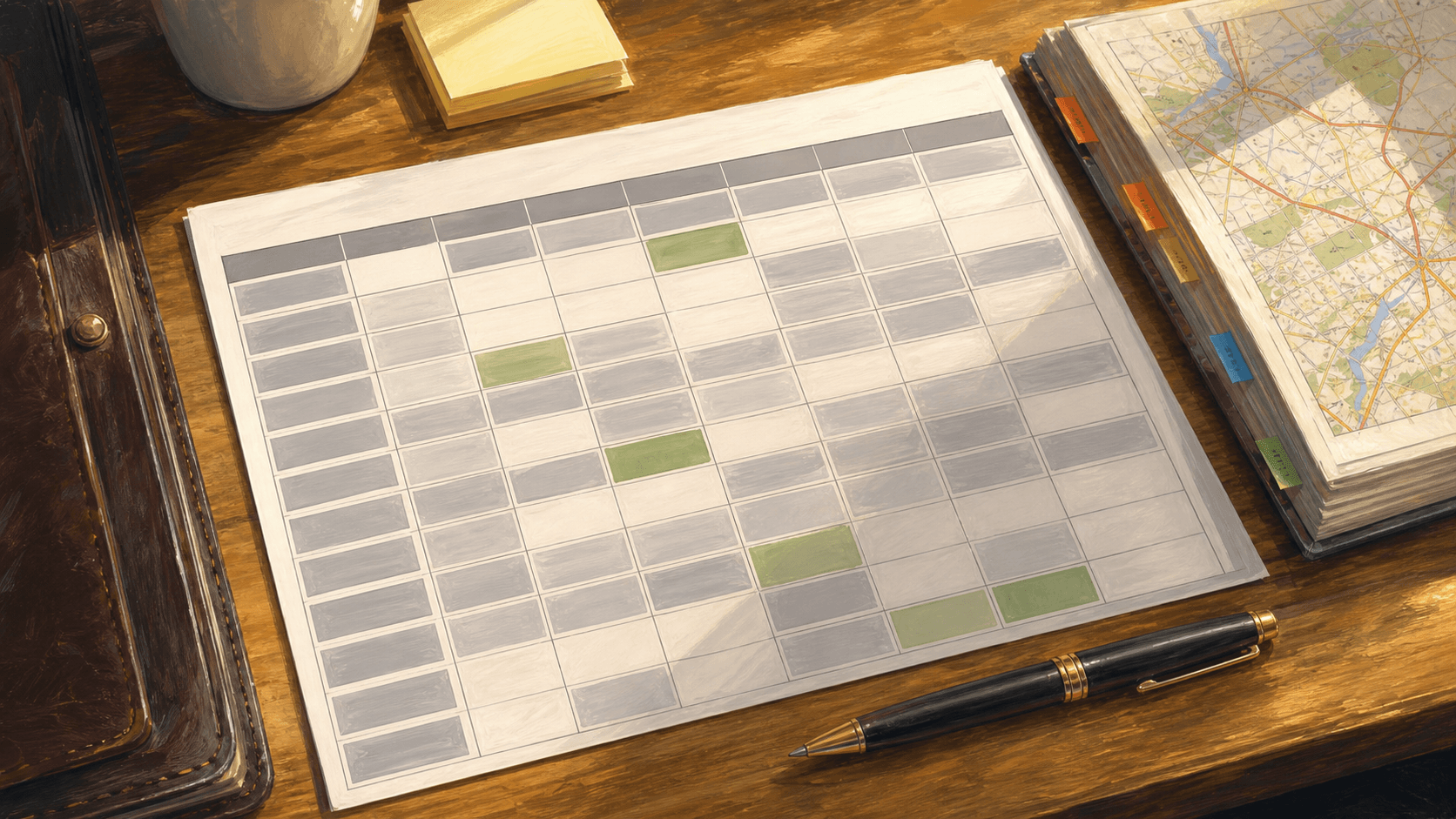 Printed weekly planner where most time blocks are marked as admin work and only a few as selling time