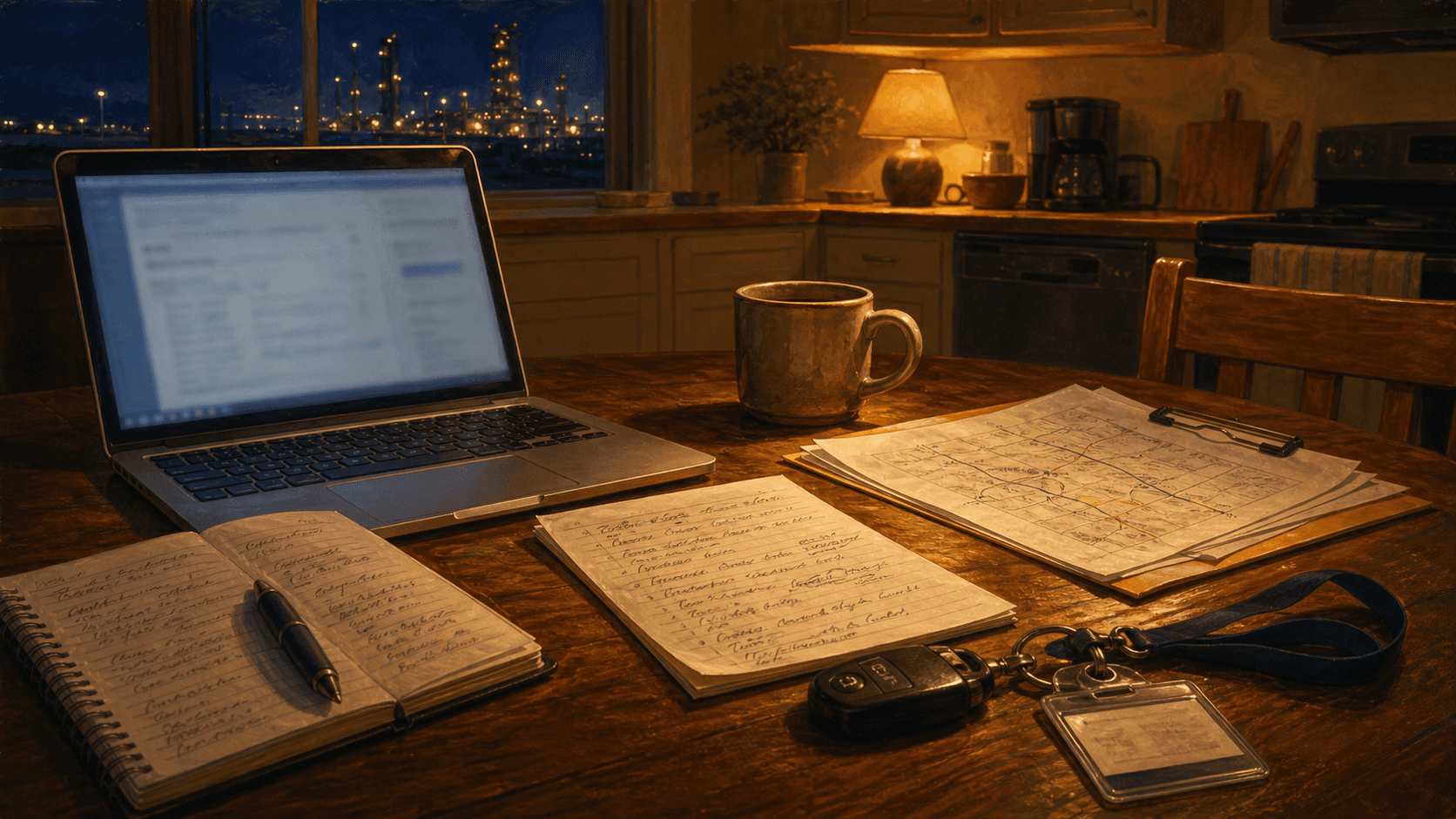 Open laptop and a stack of handwritten visit notes on a kitchen table at night next to truck keys and a work badge