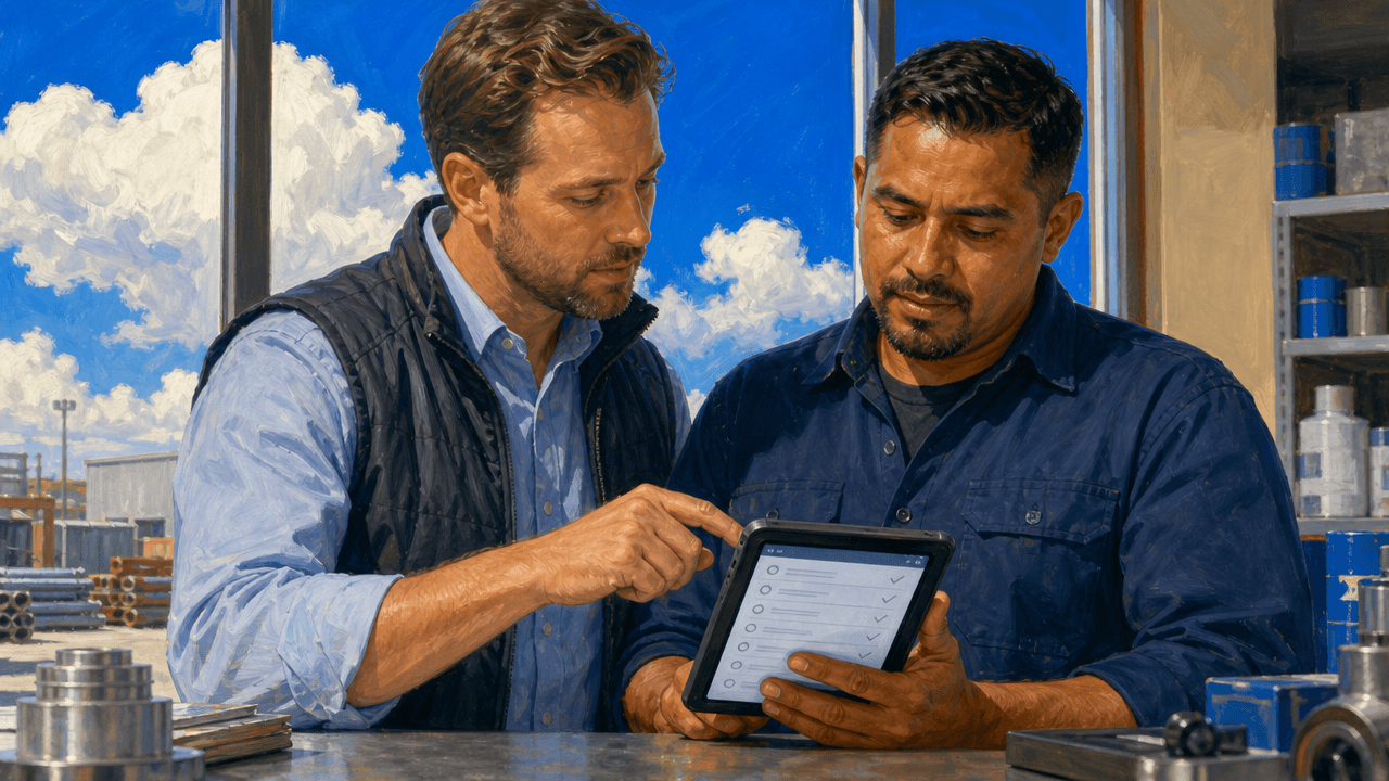 A manager and field rep comparing apps against a simple checklist on a tablet at a counter