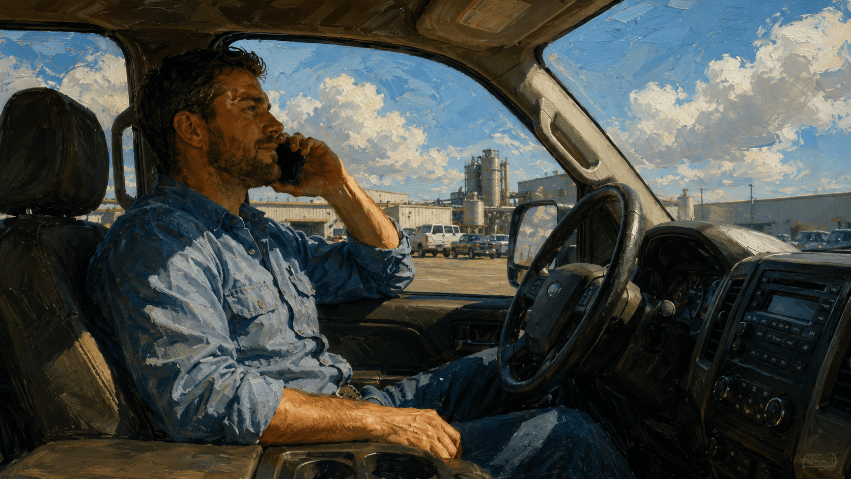 Field sales rep talking on the phone in a parked work truck during the day instead of typing notes