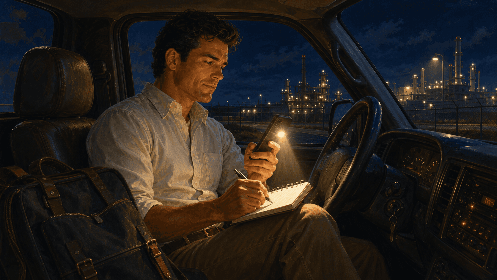 Field sales rep in a dark truck cab after hours, reviewing visit notes by the light of a phone